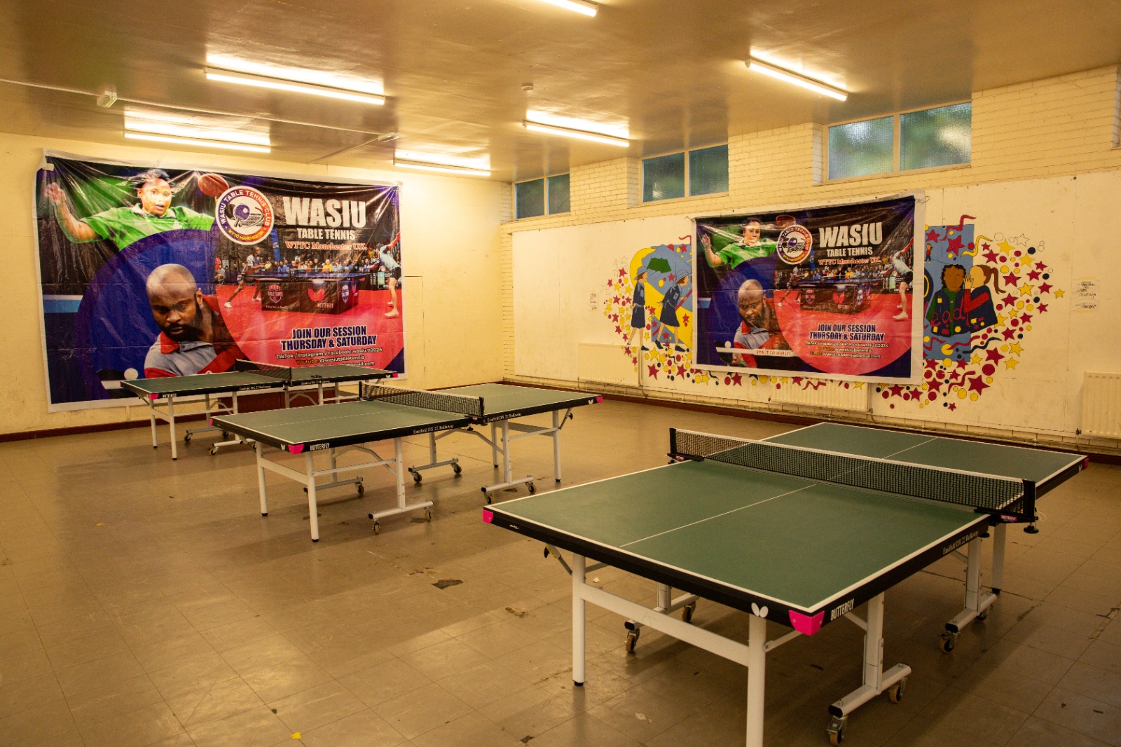 The club hall set up with table tennis tables